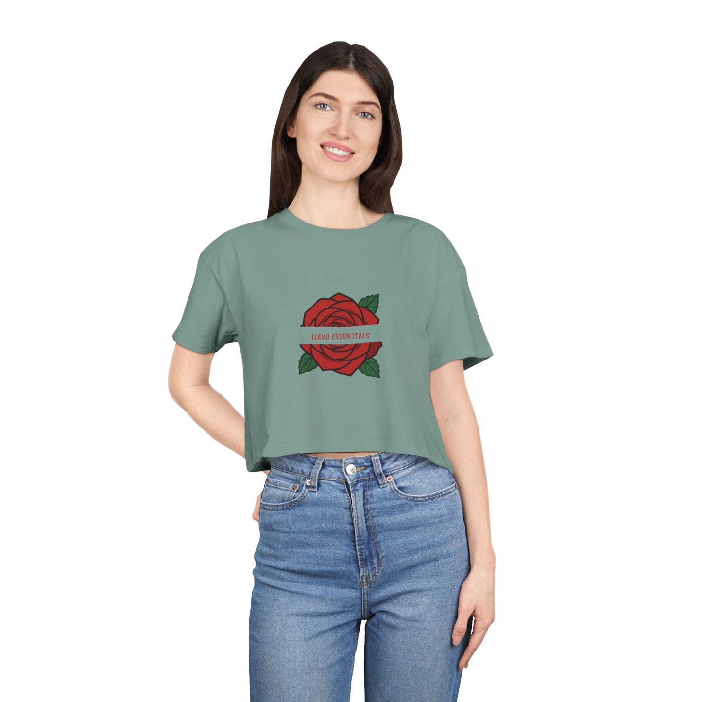 Floral Crop Tee - Elegant Rose Graphic Women's T-Shirt- unique sage colored