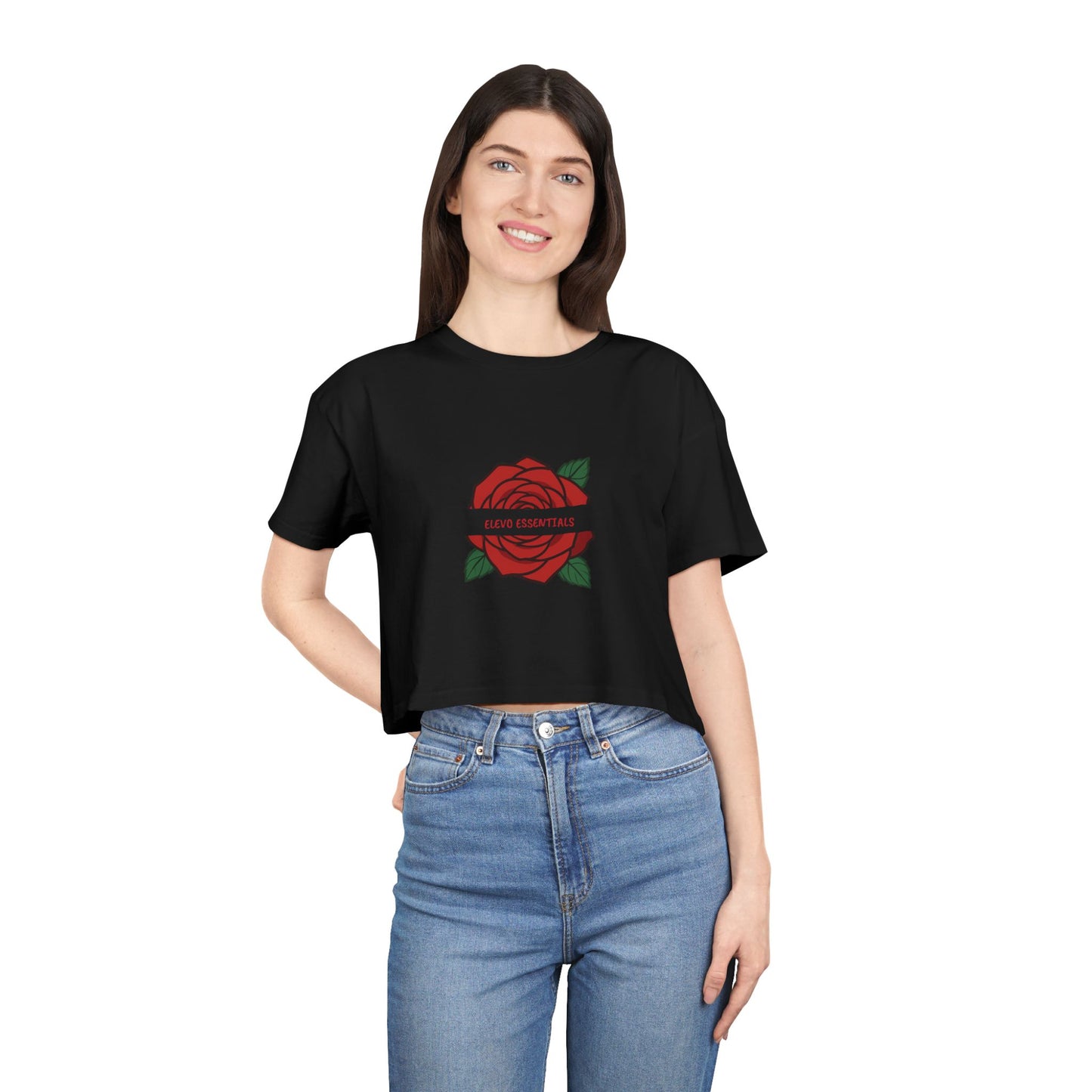 Black Floral Crop Tee - Elegant Rose Graphic Women's T-Shirt