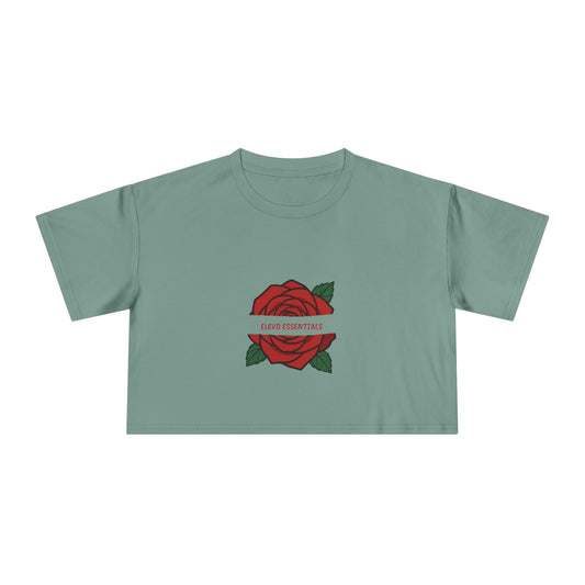 Floral Crop Tee - Elegant Rose Graphic Women's T-Shirt- unique sage colored